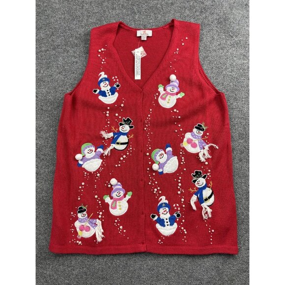 Quacker Factory Sweater Vest Womens Large Red Snowman Christmas Embellished - Picture 1 of 7